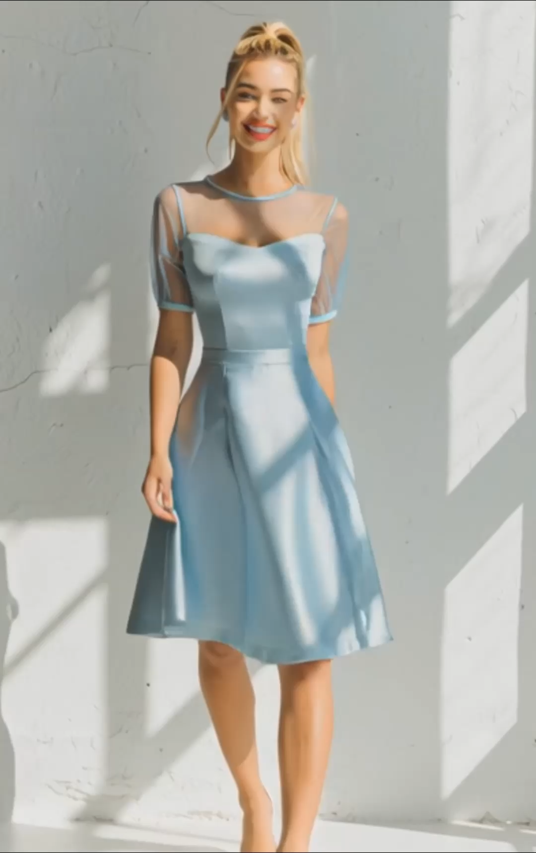 Sky Blue Satin A Line Illusion Neck Short Bridesmaid Dress