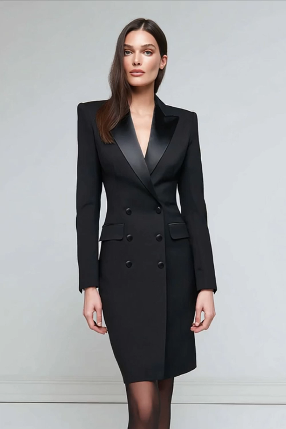 Pencil Short Black Satin Peak Lapel Blazer Dress with Sleeves