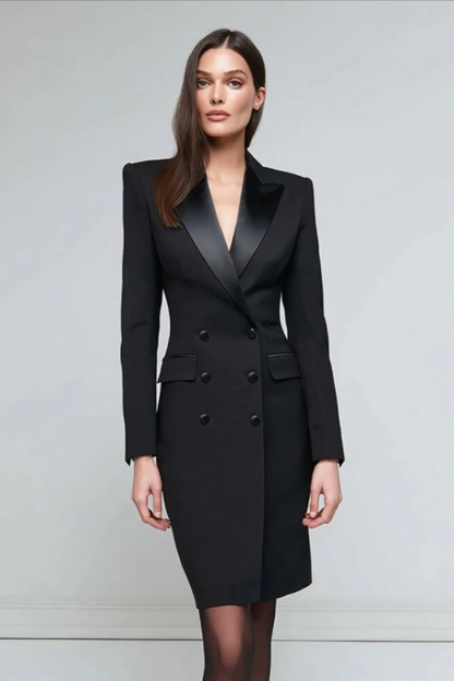 Pencil Short Black Satin Peak Lapel Blazer Dress with Sleeves