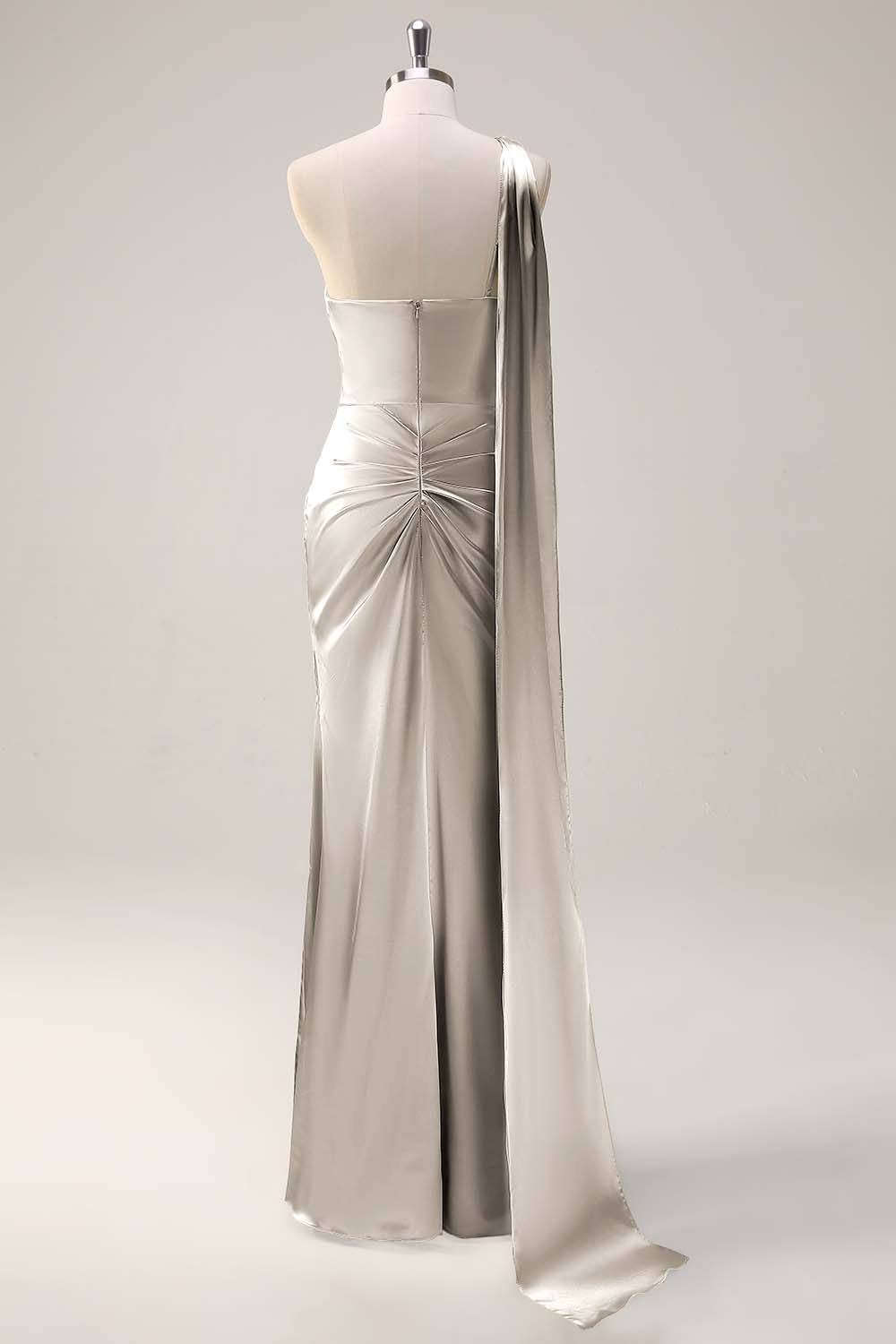 Sage One Shoulder Sheath Satin Watteau Train Bridesmaid Dress
