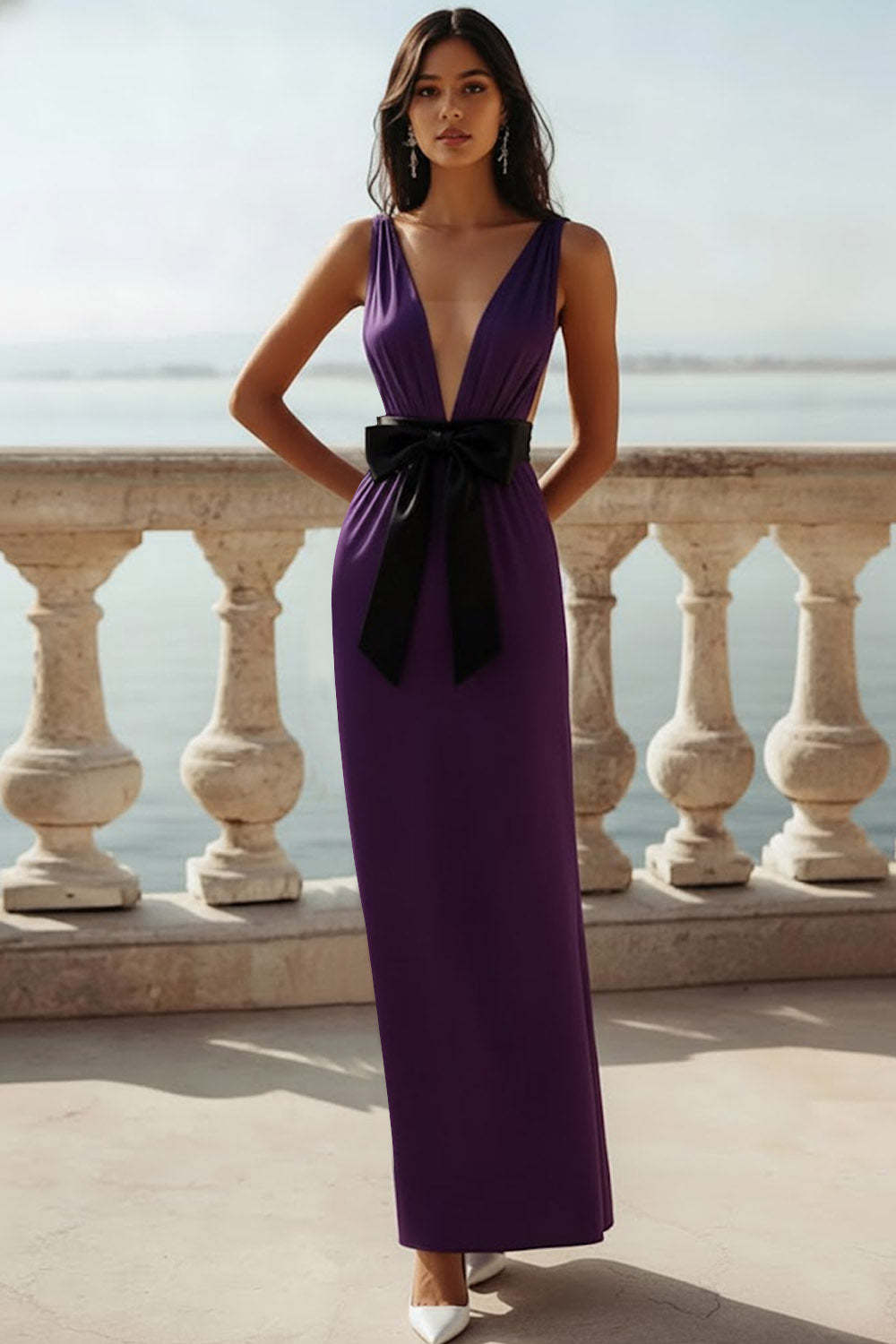 White Sheath Deep V-Neck Long Wedding Reception Dress with Bow