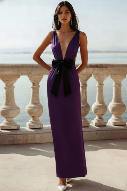 White Sheath Deep V-Neck Long Wedding Reception Dress with Bow