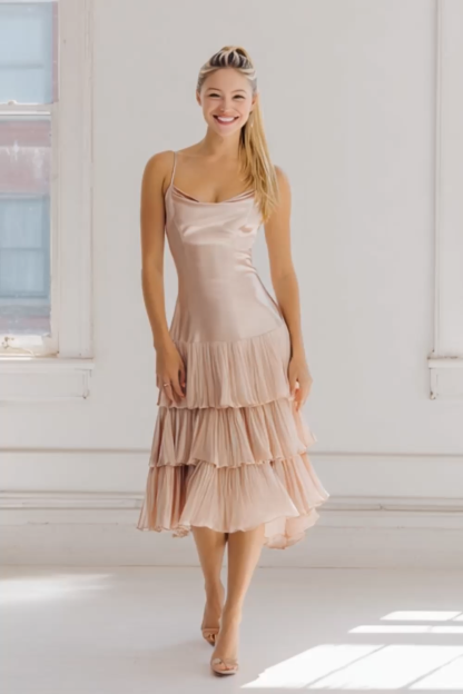 Light Pink Tiered Satin A Line Midi Bridesmaid Dress