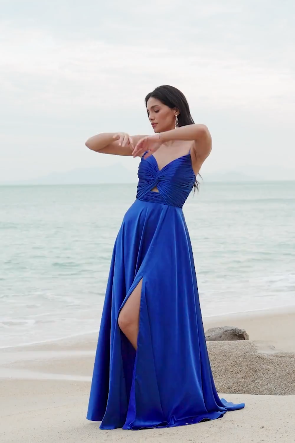 Ink Blue Front Twist Satin A-Line Bridesmaid Dress with Slit