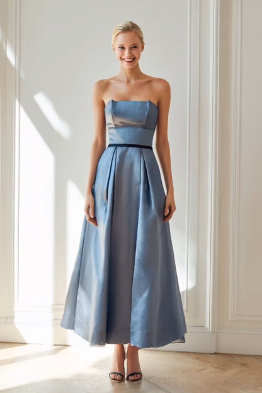 Blue Satin Strapless A Line Maxi Bridesmaid Dress
