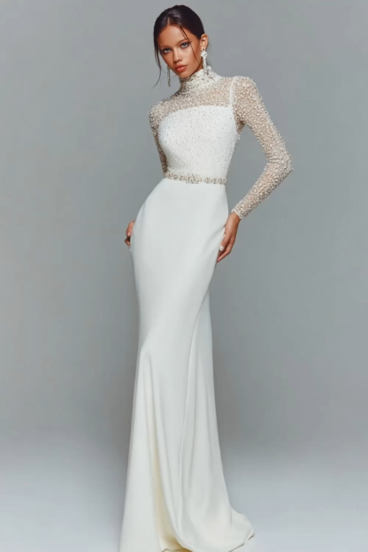 White Mermaid High Neck Maxi Wedding Reception Dress with Beading