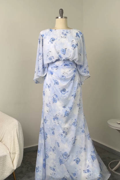 Light Blue Chiffon Flutter Sleeves Round Neck Long Mother of the Bride Dress