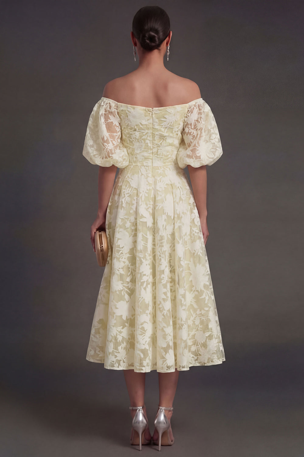 Yellow A Line Puff Sleeves Floral Long Beach Wedding Guest Dress