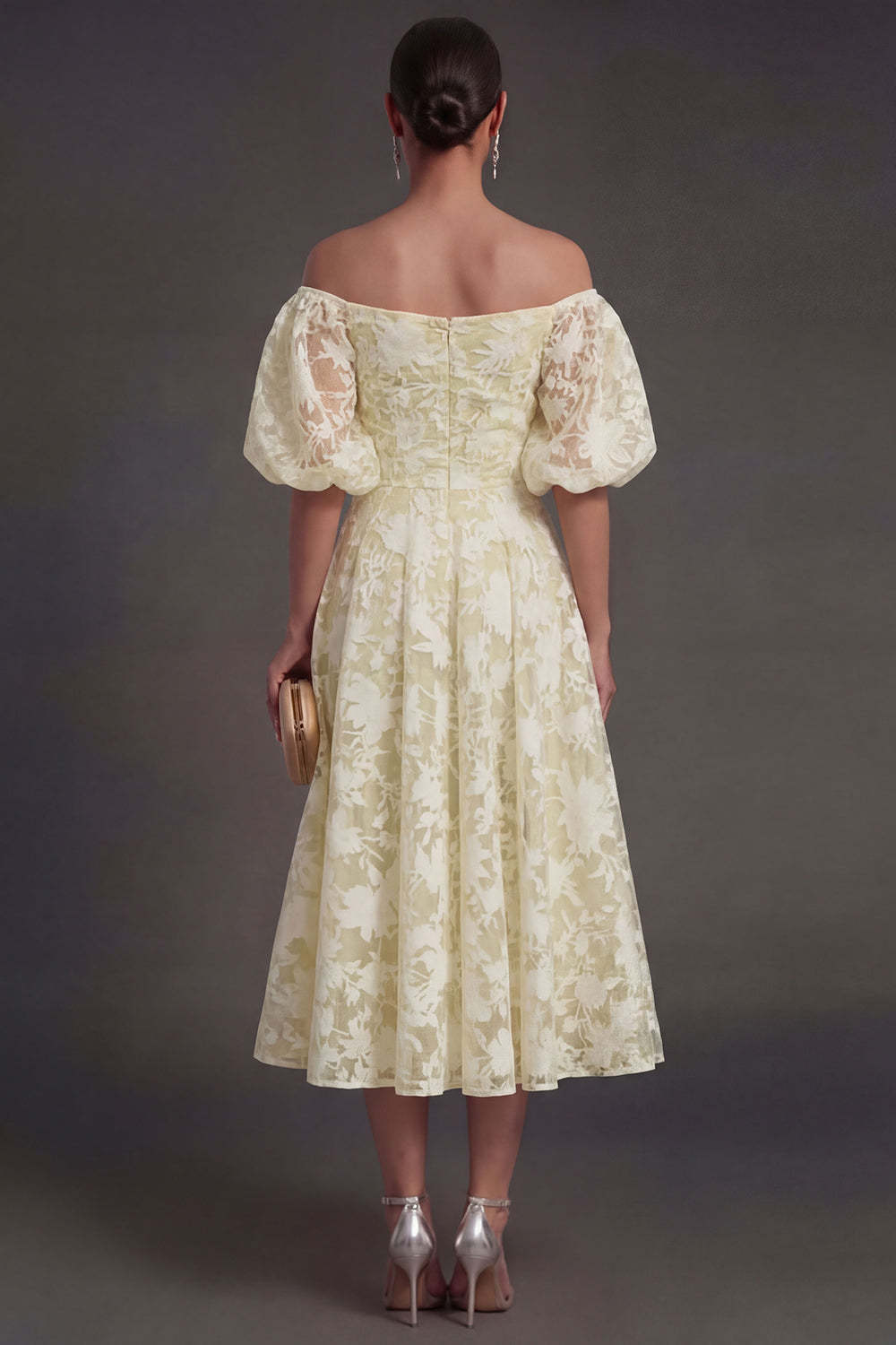 Yellow A Line Puff Sleeves Floral Long Beach Wedding Guest Dress