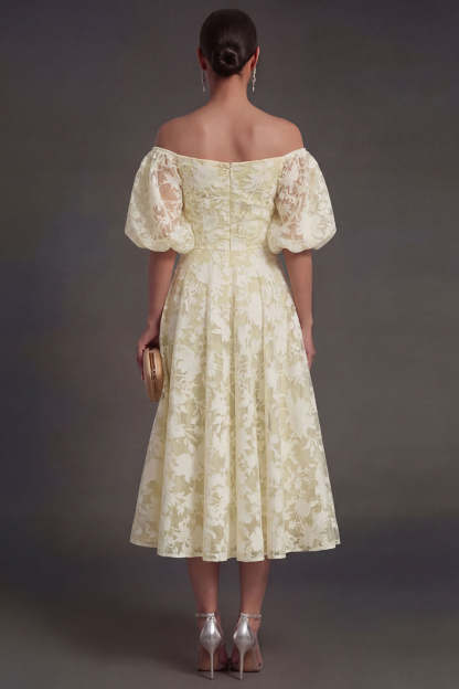 Yellow A Line Puff Sleeves Floral Long Beach Wedding Guest Dress