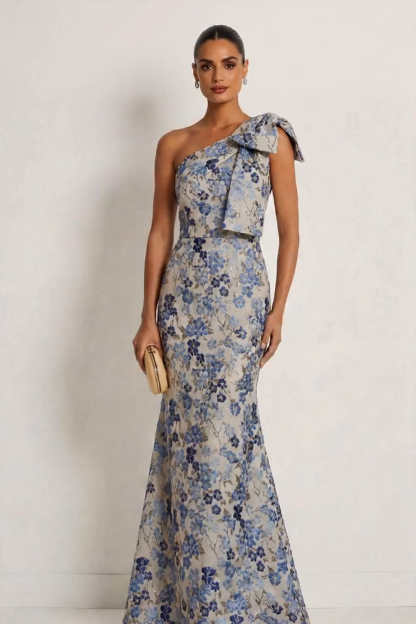 Grey Blue Floral Mermaid Jacquard One Shoulder Maxi Formal Dress