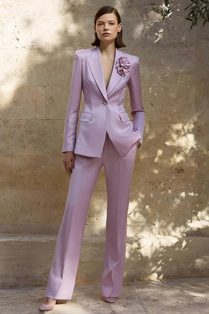 Lilac 2 Piece Satin Peak Lapel 3D Flower Business Suits with Pockets
