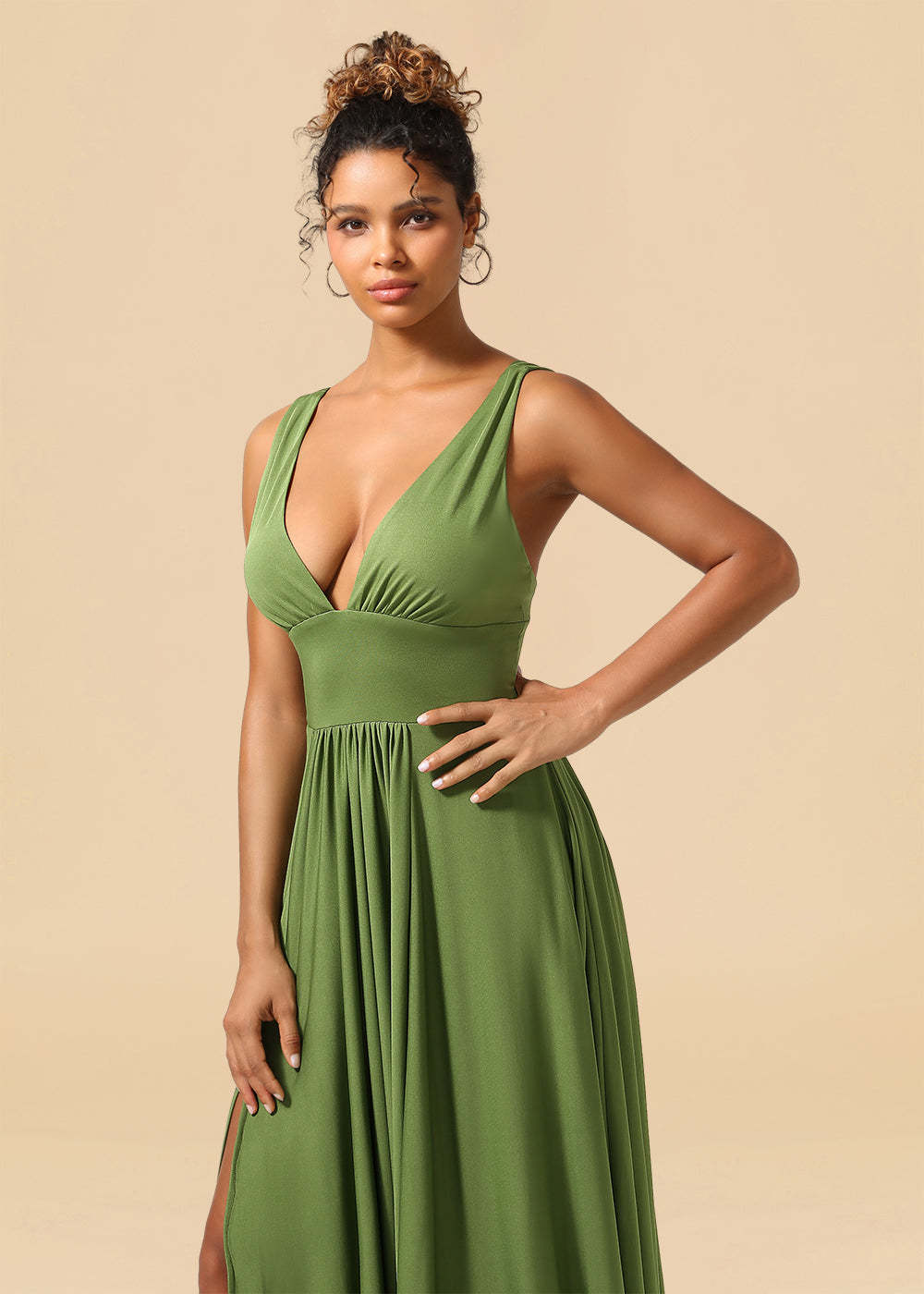 Deep V-neck Spandex A-line Maxi Bridesmaid Dress with Slit