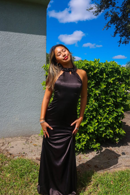 Black Satin Halter Sheath Backless Long Formal Dress with Slit