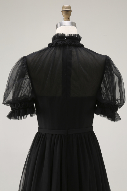 Black Long  High Neck A Line Evening Party Dress with Sleeves