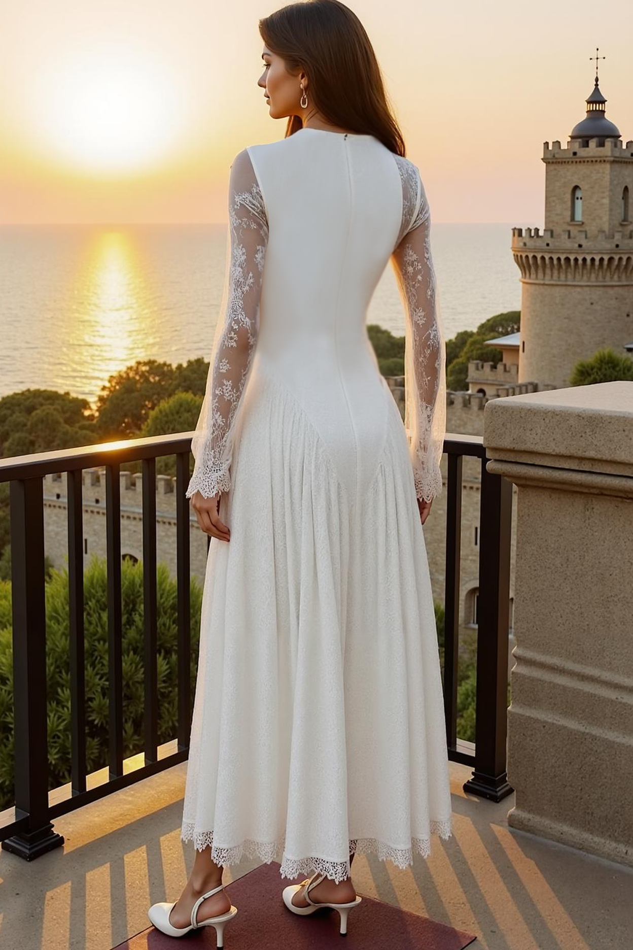 White Lace A Line Boat Neck Maxi Formal Dress