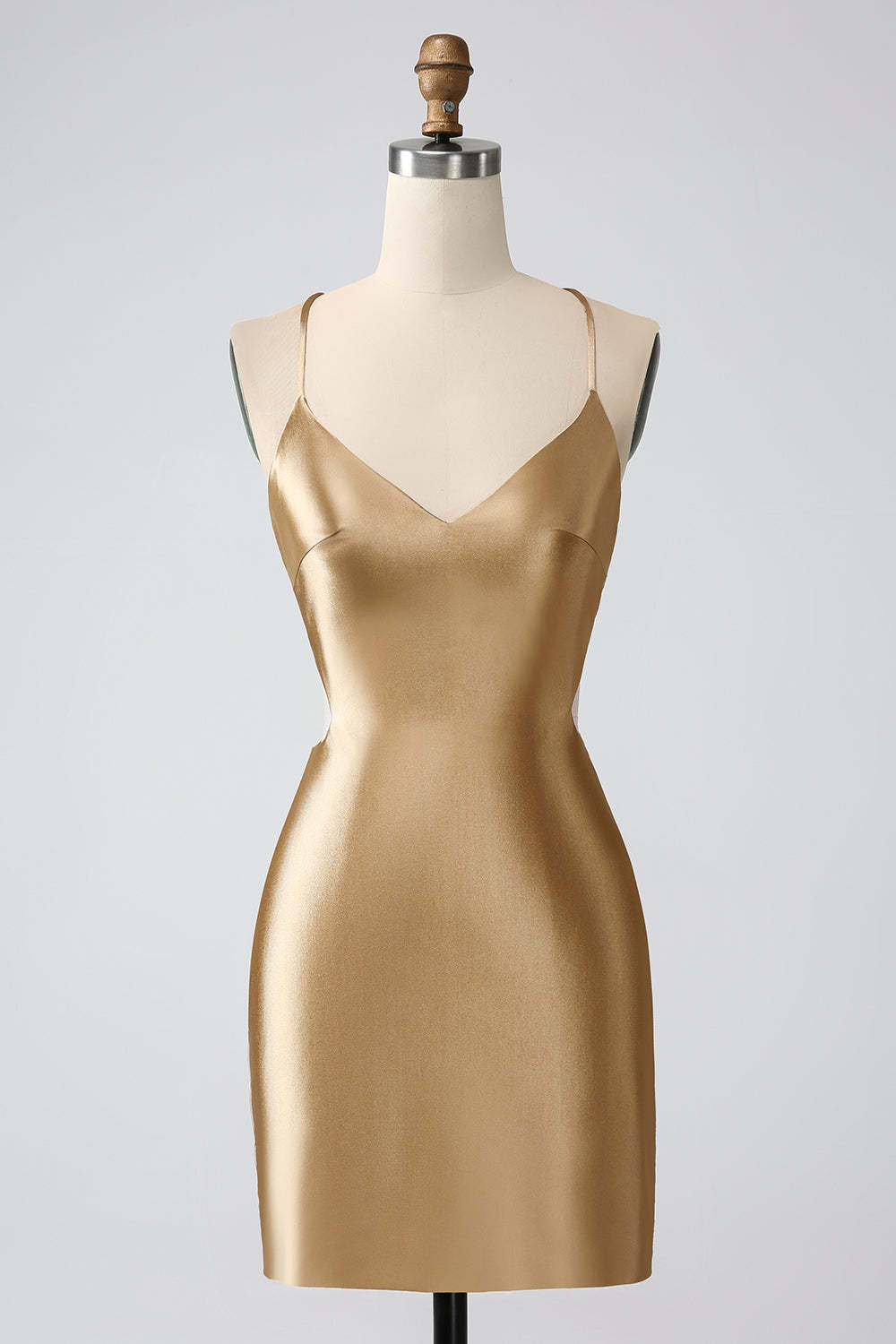 Leely Women Gold Bodycon Mini Homecoming Dress with Criss Cross Back Spaghetti Straps Satin Short Prom Dress