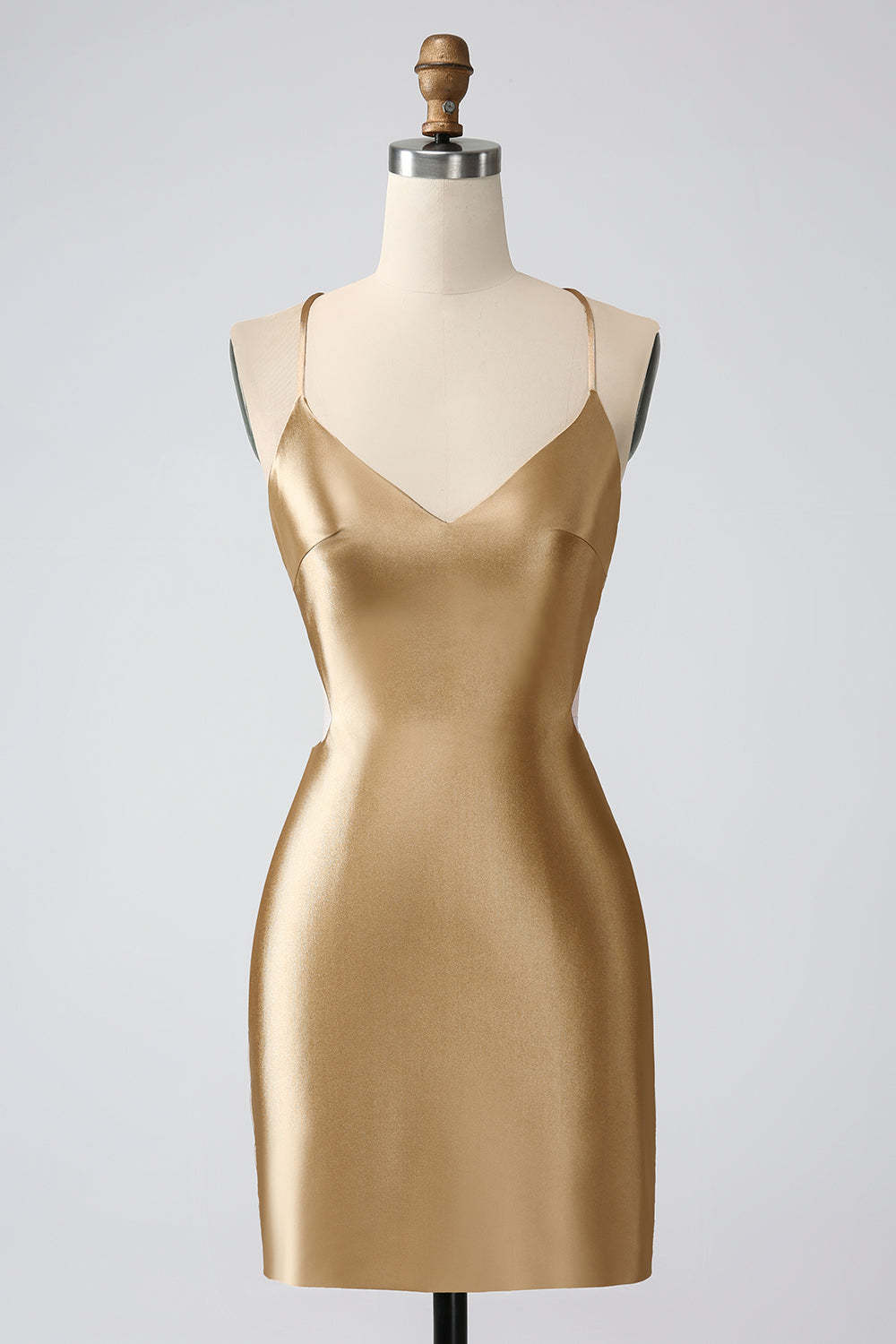 Leely Women Gold Bodycon Mini Homecoming Dress with Criss Cross Back Spaghetti Straps Satin Short Prom Dress