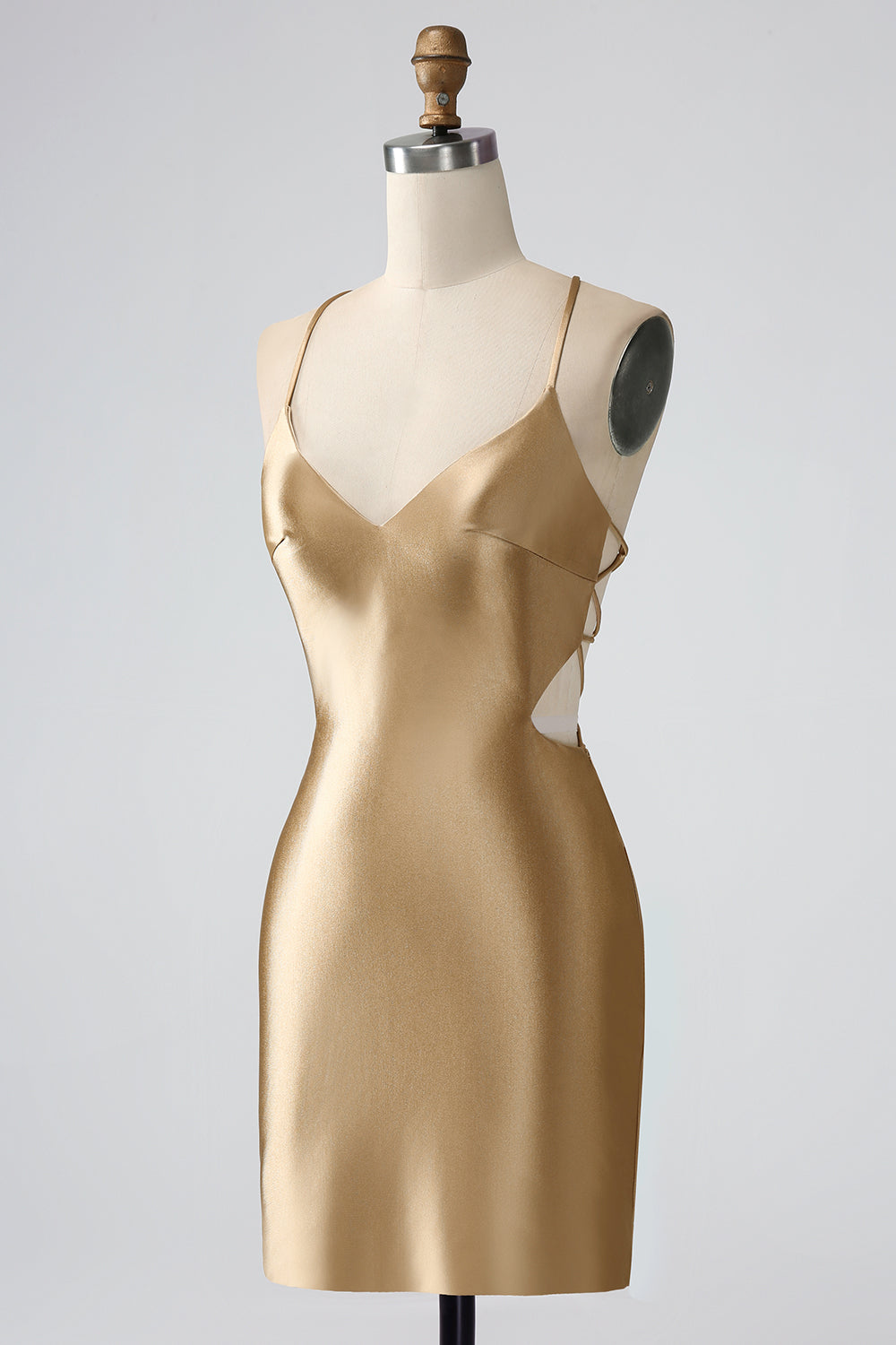 Gold Bodycon Spaghetti Straps Satin Homecoing Dress with Criss Cross Back
