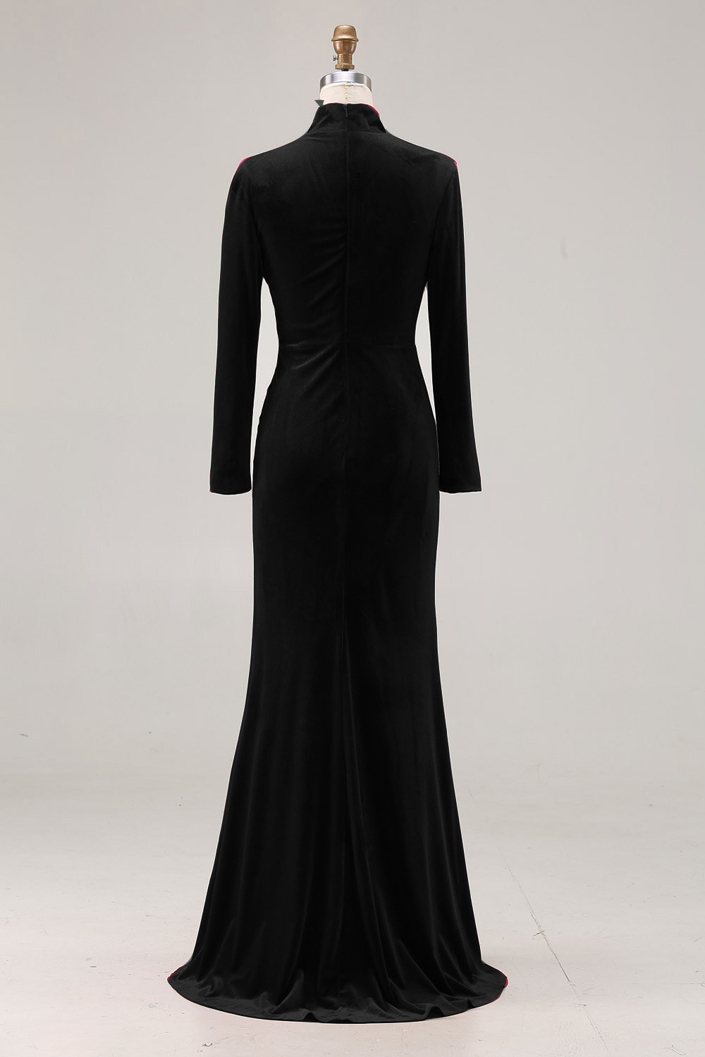 Cabernet Velvet High Neck Sweep Train Formal Dress with Sleeves