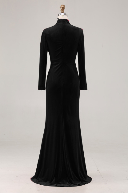 Cabernet Velvet High Neck Sweep Train Formal Dress with Sleeves