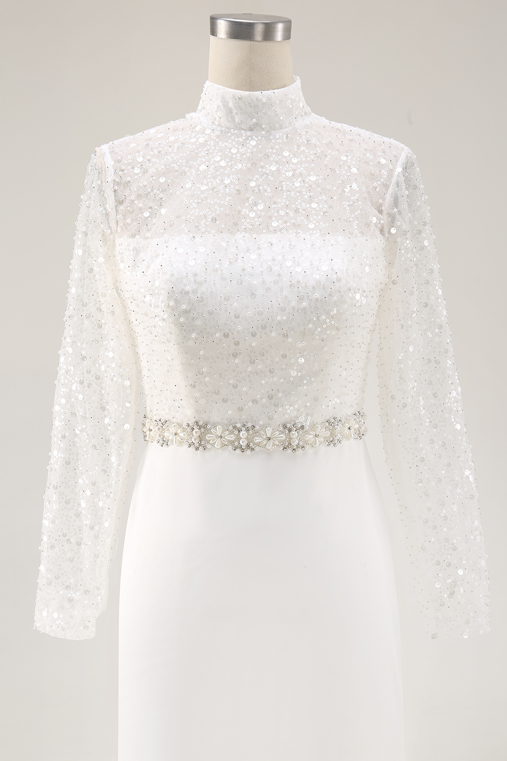 Sparkly White Mermaid High Neck Maxi Sequined Wedding Reception Dress
