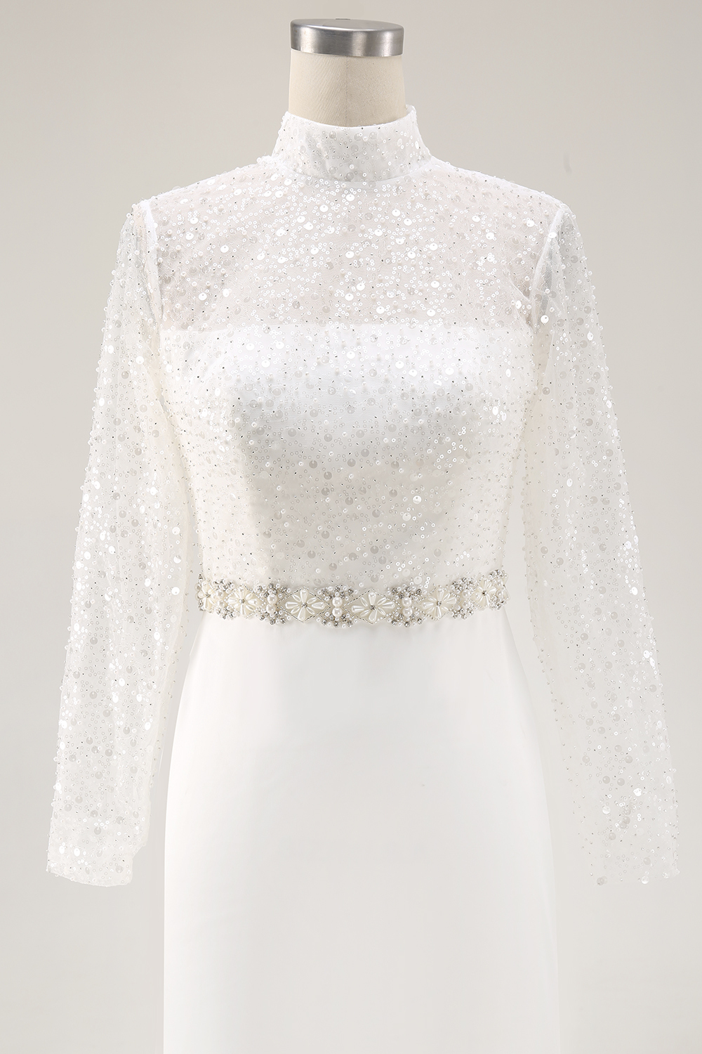 Sparkly White Mermaid High Neck Maxi Sequined Wedding Reception Dress