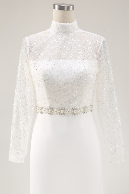 Sparkly White Mermaid High Neck Maxi Sequined Wedding Reception Dress