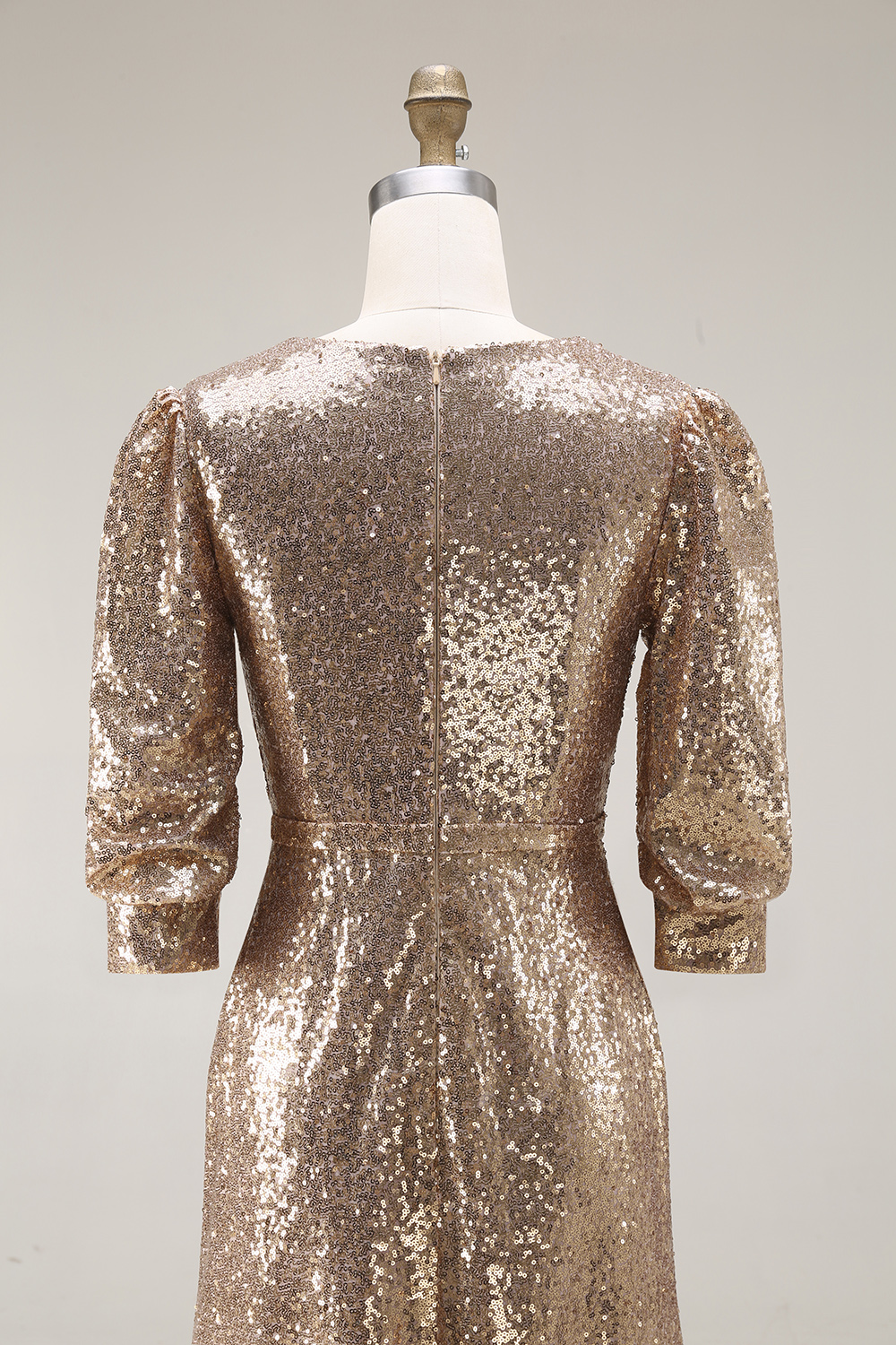 Sparkly Champagne Sequins Half Sleeves Long Formal Dress with Slit