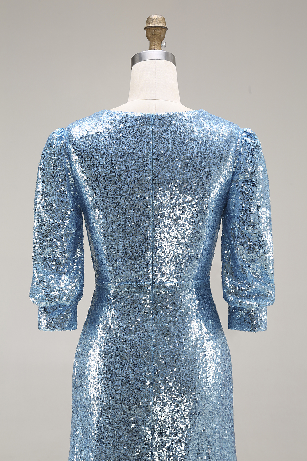 Sparkly Champagne Sequins Half Sleeves Long Formal Dress with Slit