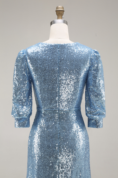 Sparkly Champagne Sequins Half Sleeves Long Formal Dress with Slit