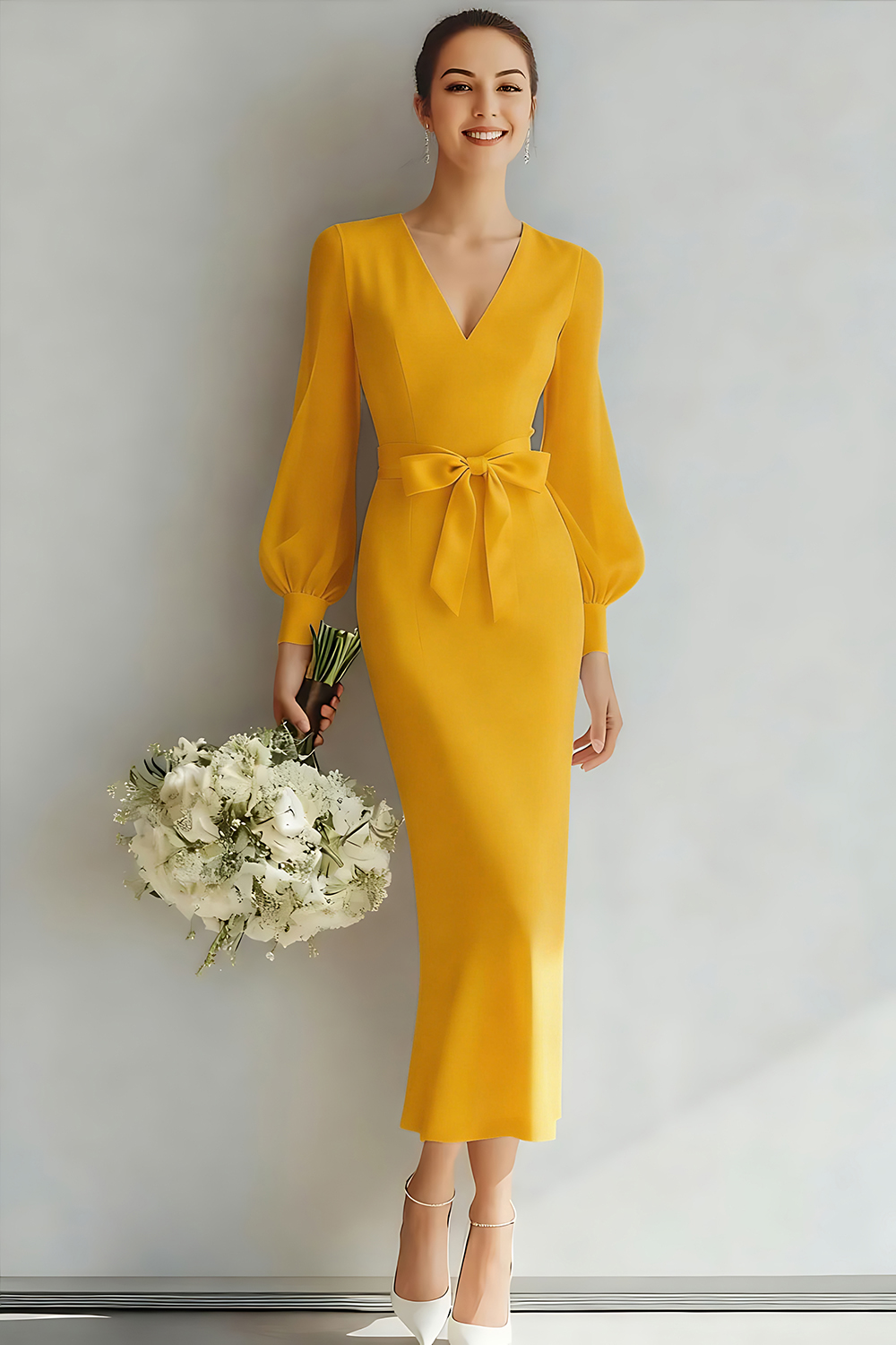 White V-Neck Sheath Long Sleeves Wedding Dress with Bow