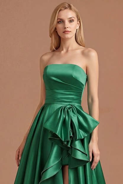 Dark Green A Line Ruched Strapless Long Prom Dress with Detachable Cape