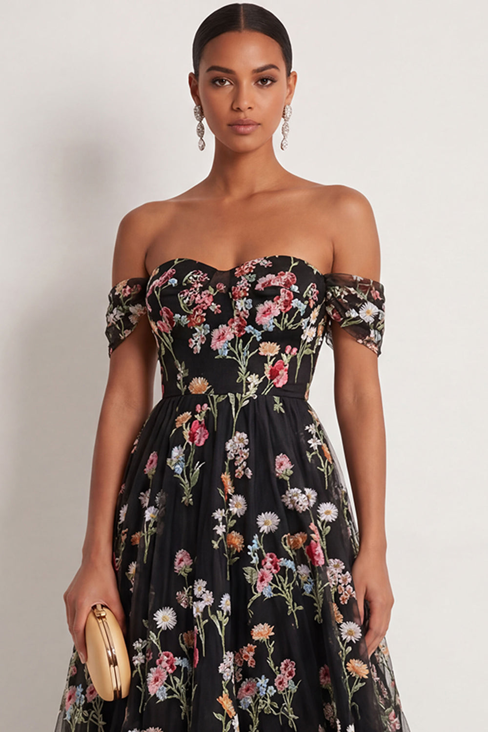 Black Floral A Line Embroidered Off the Shoulder Long Formal Dress