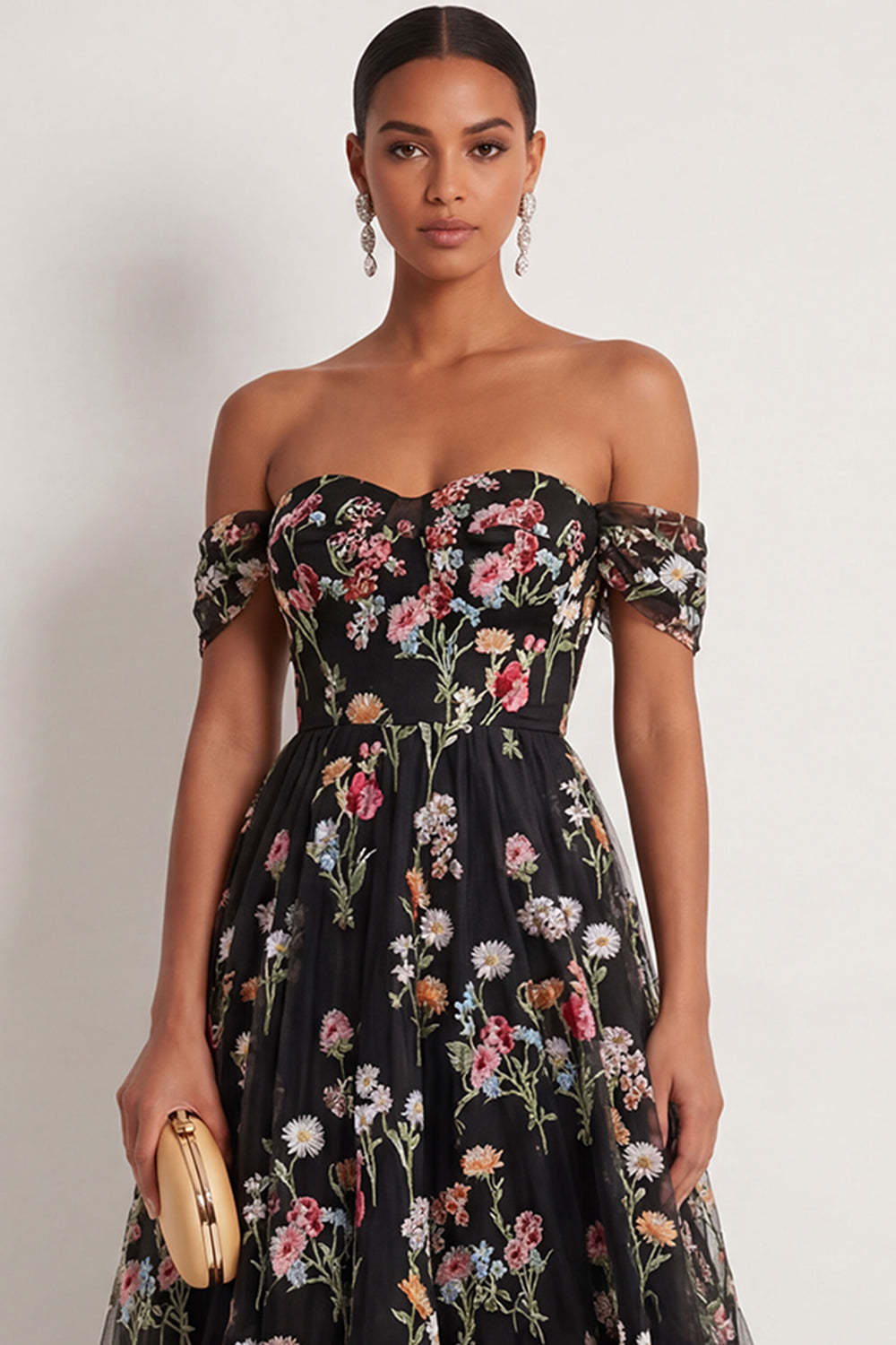 Black Floral A Line Embroidered Off the Shoulder Long Formal Dress
