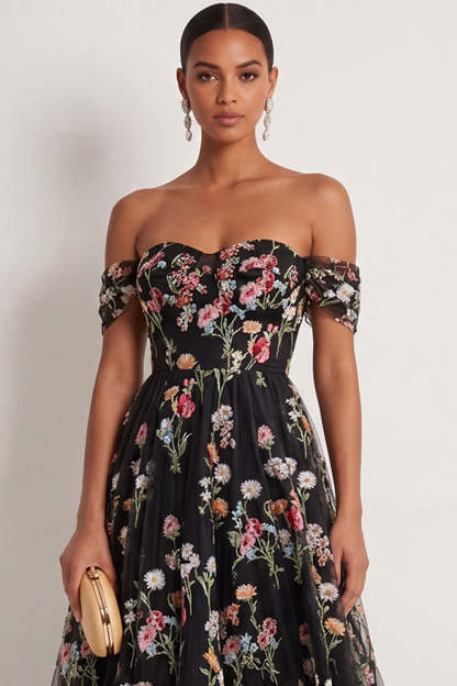 Black Floral A Line Embroidered Off the Shoulder Long Formal Dress