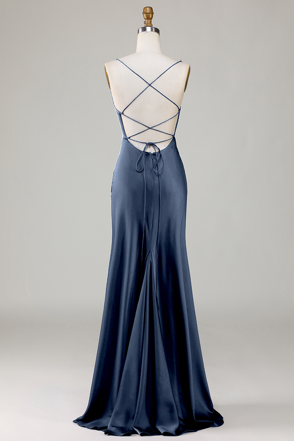 Satin Spaghetti Strap Open Back A-line Bridesmaid Dress with Slit