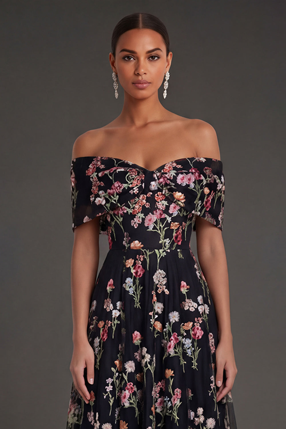 Black Floral A Line Embroidered Off the Shoulder Long Formal Dress