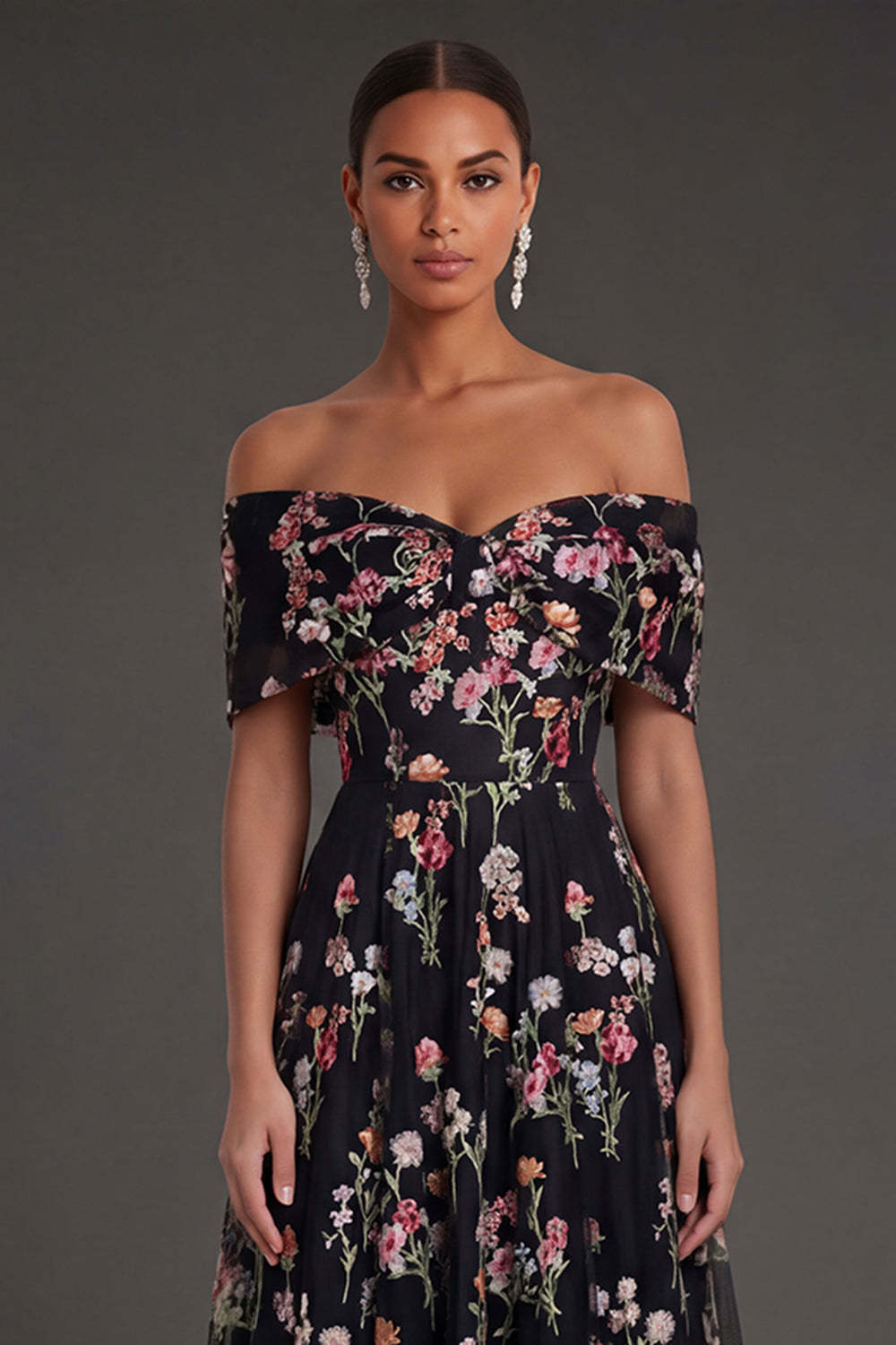 Black Floral A Line Embroidered Off the Shoulder Long Formal Dress