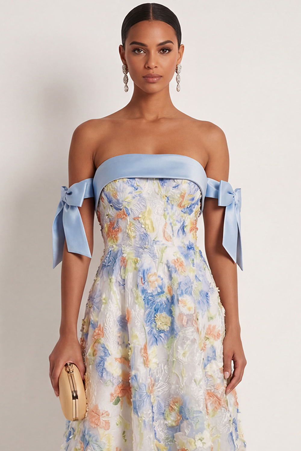 Light Blue A Line Floral Appliqued Off the Shoulder Long Wedding Guest Dress