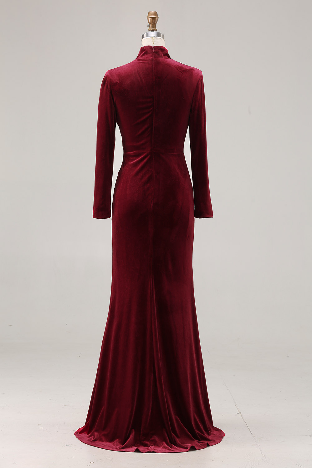 Cabernet Velvet High Neck Sweep Train Formal Dress with Sleeves