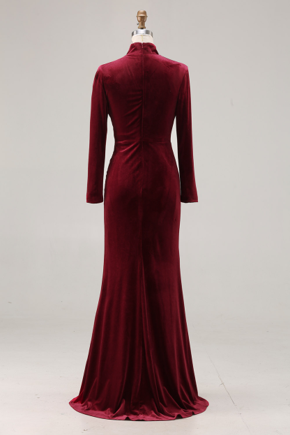Cabernet Velvet High Neck Sweep Train Formal Dress with Sleeves