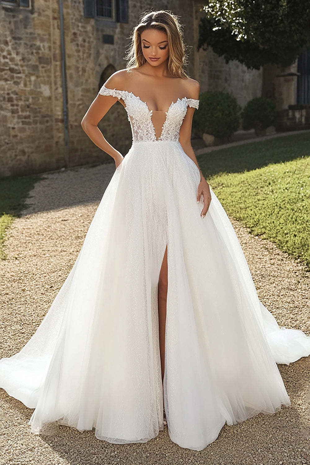 Leely Women Ivory Ball Gown Tulle Wedding Dress with Slit Off the Shoulder Floor Length Bridal Dress with Slit