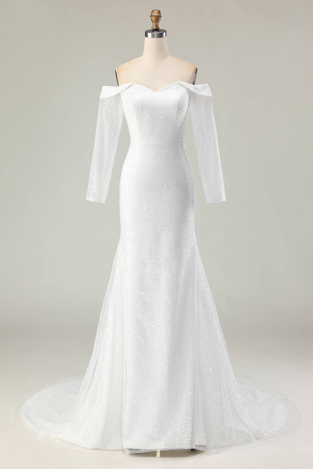 Ivory Mermaid Off the Shoulder Wedding Dress with Long Sleeves