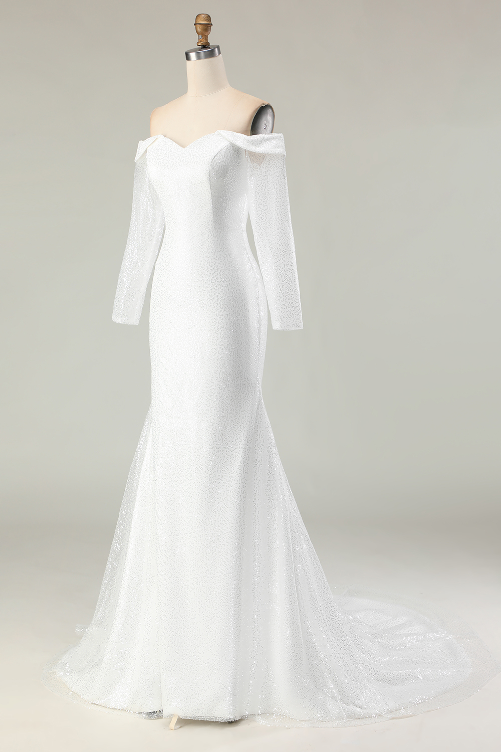 Sparkly Ivory Mermaid Off the Shoulder Sequins Wedding Dress with Sleeves