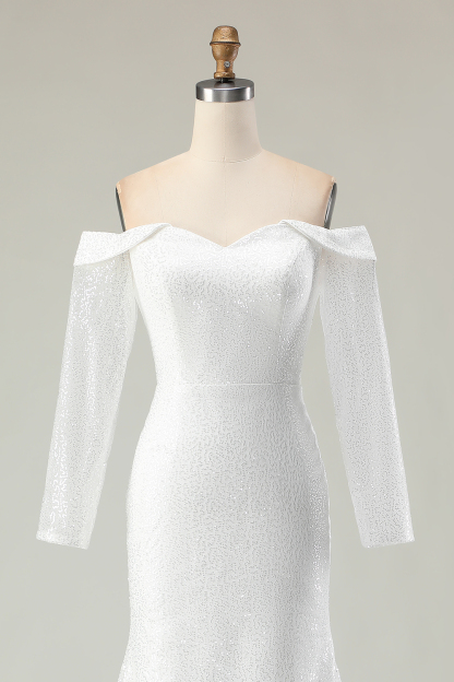 Sparkly Ivory Mermaid Off the Shoulder Sequins Wedding Dress with Sleeves