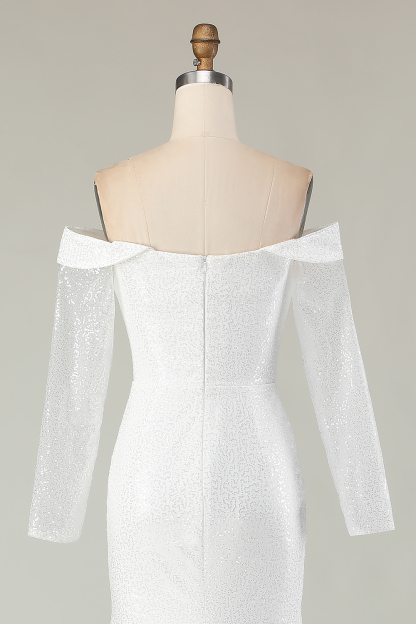 Sparkly Ivory Mermaid Off the Shoulder Sequins Wedding Dress with Sleeves