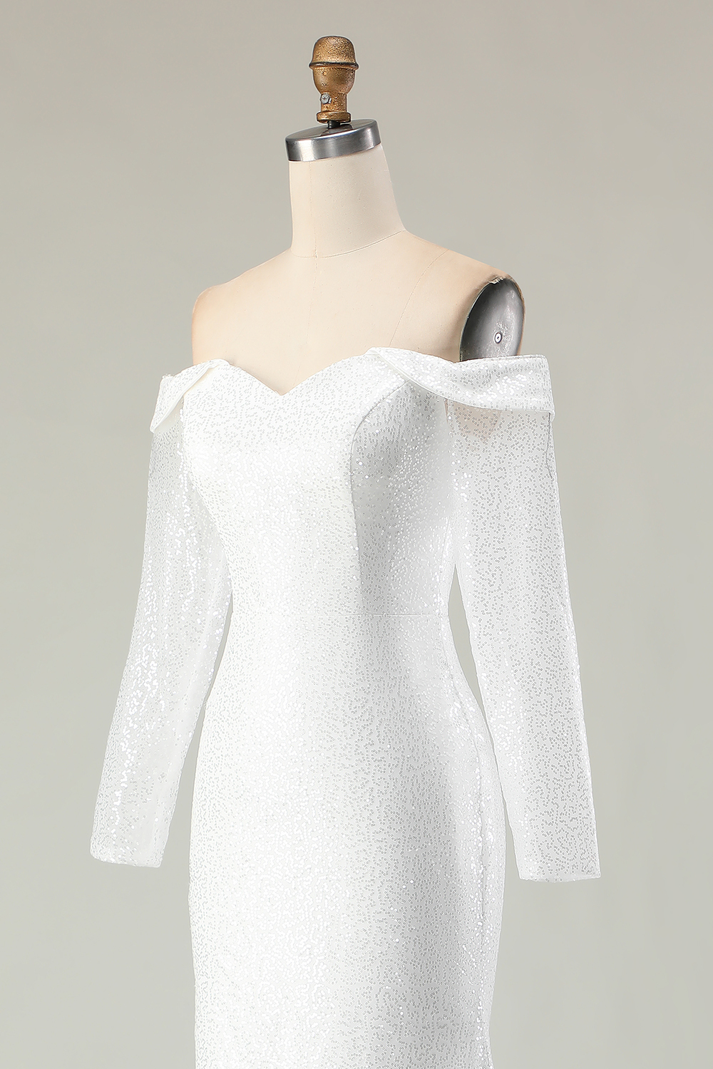 Sparkly Ivory Mermaid Off the Shoulder Sequins Wedding Dress with Sleeves