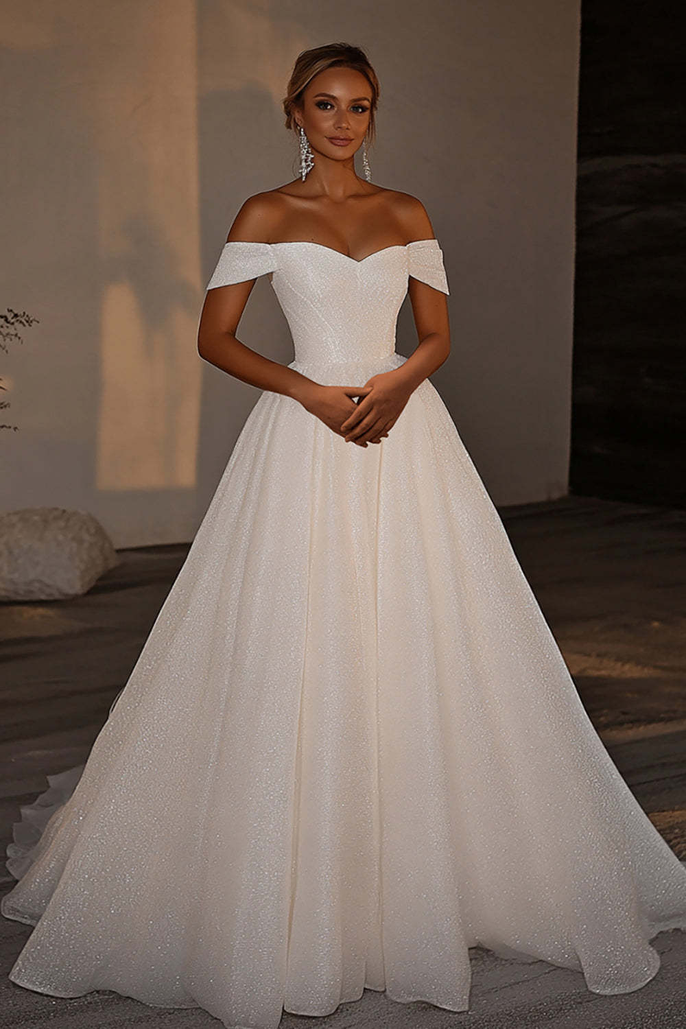 Leely Women Sparkly Ivory Tulle Wedding Dress Ball Gown Off the Shoulder Backless Long Bridal Dress