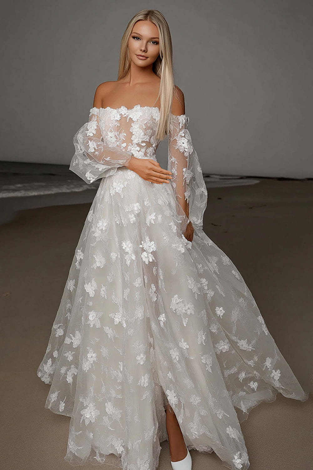 Leely Women Floral Ivory Lace Wedding Dress with Slit A Line Off the Shoulder Long Sleeves Bridal Dress